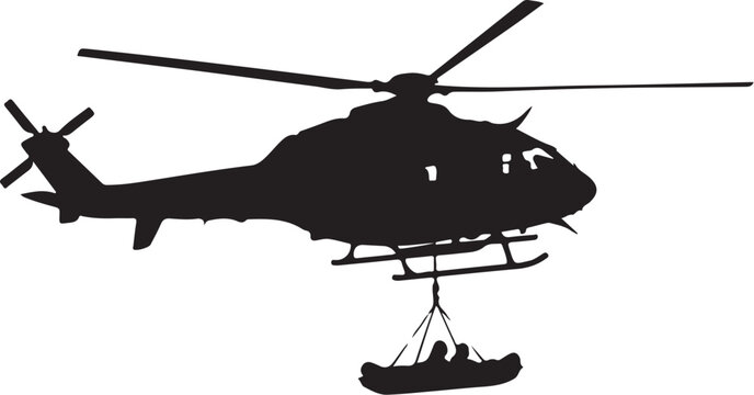Black helicopter silhouette, rescue operation, people in stretcher, medical evacuation, vector icon