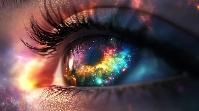Cosmic view captured in an eye showcasing swirling galaxies and vibrant colors at the edge of the universe