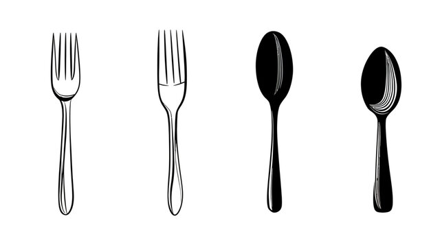 Stylized, monochromatic illustration of silverware two forks and two spoons, arranged in a row
