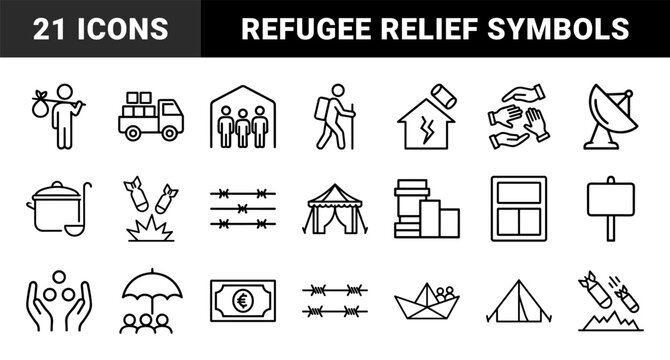 Refugee and humanitarian aid outline icon set for social issues