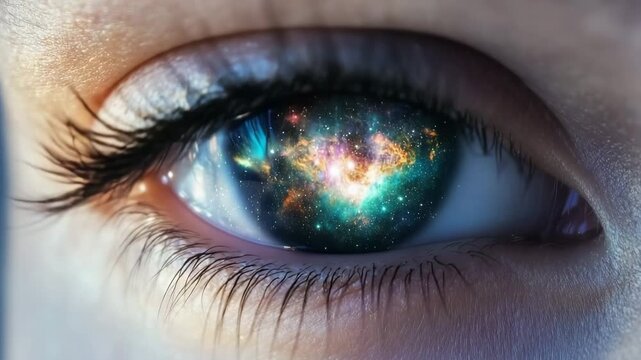Cosmic view captured in an eye showcasing swirling galaxies and vibrant colors at the edge of the universe