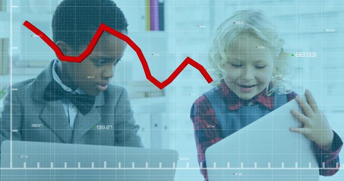 Animation of falling red graph and changing numbers over diverse children using digital tablet