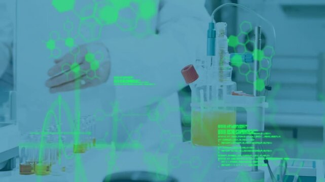 Scientific data and green hexagons over laboratory equipment and scientist working