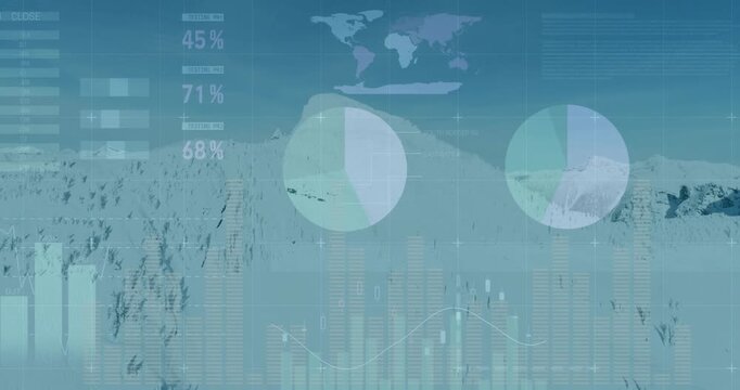 Global data analytics animation over snowy mountain landscape with graphs and charts