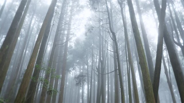 Scenic view of trees in forest during fog at Alishan mountain,Taiwan.