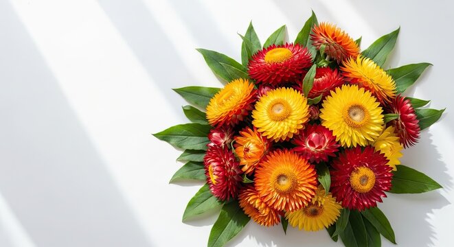 Title vibrant strawflower bouquet on white background a colorful floral arrangement description a close up of a beautiful bouquet featuring vibrant strawflowers in