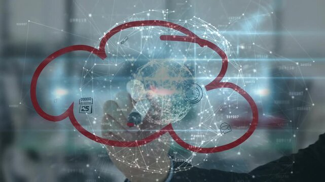 Hand entering frame drawing red cloud around globe with icons glowing lightbulb highlighting idea