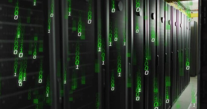 Green binary digits starting over server racks and growing into streams showing real-time data flow