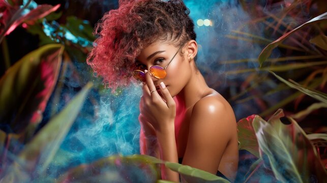 K&uuml;nstlerisches Portr&auml;t einer Frau mit rosa gef&auml;rbten Haaren, umgeben von bunten Licht-Partikeln und digitalen Farbeffekten. Moderne, kreative Kunstdarstellung mit lebhaften Farben und mystischer Atmos