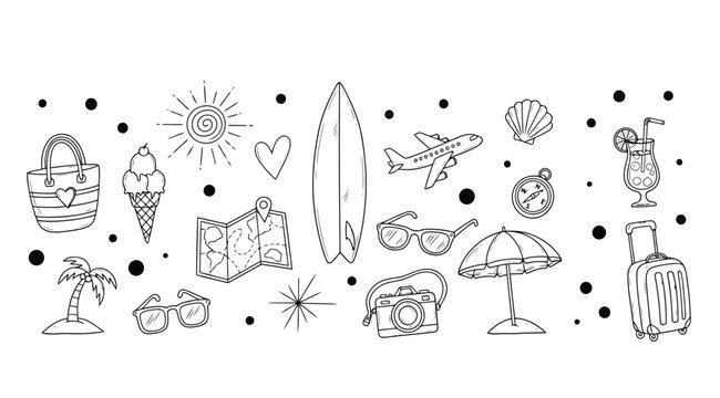 Summer vacation travel doodle icons set