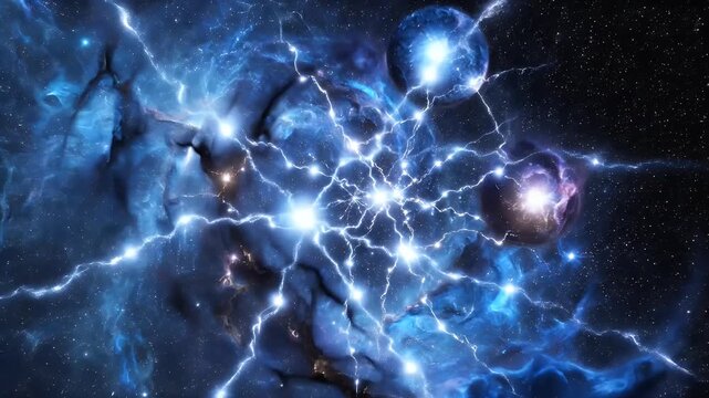 A vibrant cosmic scene depicts a swirling nebula illuminated by brilliant blue lightning, set against a backdrop of countless stars and deep space.