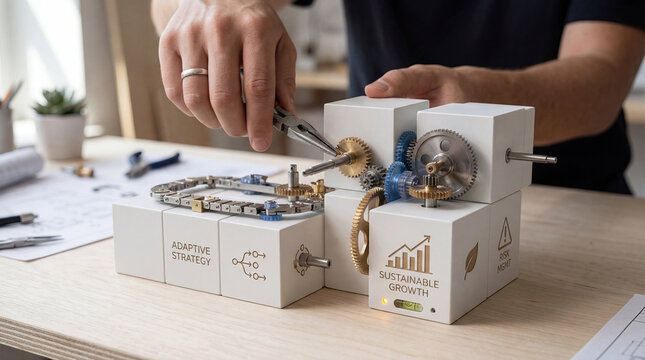 Staying adaptable sustainable growth risk management concept. Person assembling a modern technological device in a workshop.