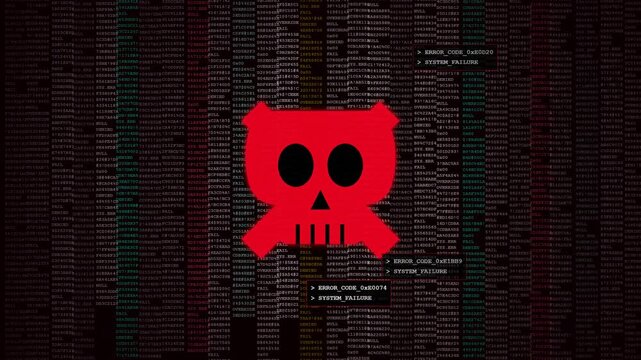 Red skull flashes over scrolling data to signify total network collapse and unauthorized server intrusion in a matrix.