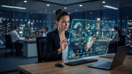 Fototapeta premium Compliance governance scenario transparency technology concept. Professional woman interacting with innovative digital dashboard.