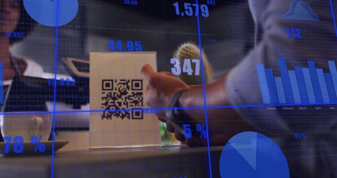 Customer raising phone to QR sign, cashier scanning payment, blue data overlay superimposing charts