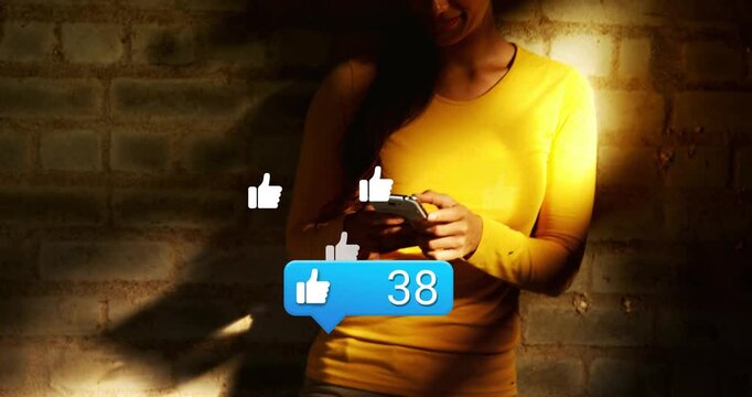 Woman tapping phone, blue like counter rising with floating thumbs, boosting marketing engagement