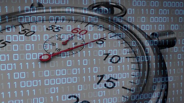 On start, stopwatch running, red hand moving clockwise, binary overlay staying showing timing