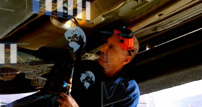Mechanic lighting torch and heating exhaust, sparks flying, globe chart overlay guiding auto repair