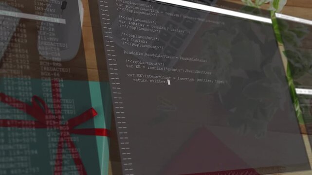 Frosted terminal window sliding from top-right and filling with code, highlighting code over desk