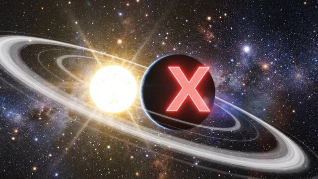 Planet with red X mark orbiting sun.