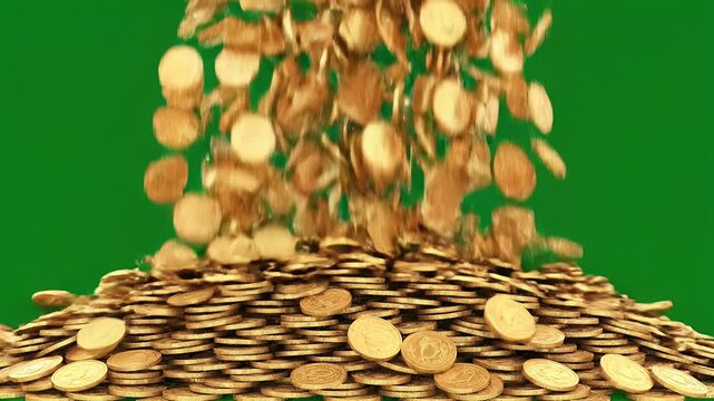 A cascade of golden coins rains down against a vibrant green screen background, symbolizing wealth and prosperity.