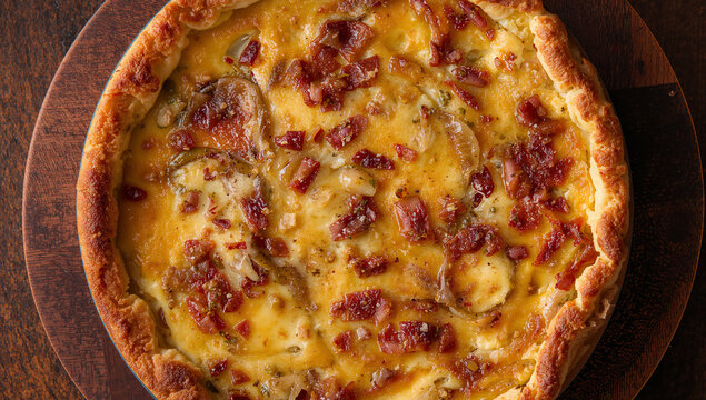 Savory quiche with bacon and cheese on a wooden board, close-up, party food