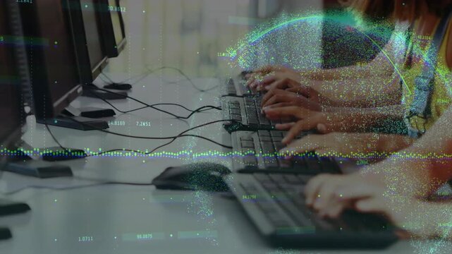 Students typing on monitor prompt in classroom, waveform and particle arc visualizing learning data