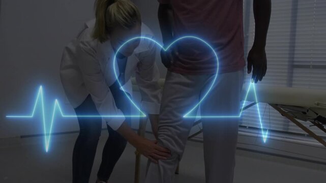 Vertical video: Exam starting doc checking knee, ECG becoming heart, patient rising, doc assessing