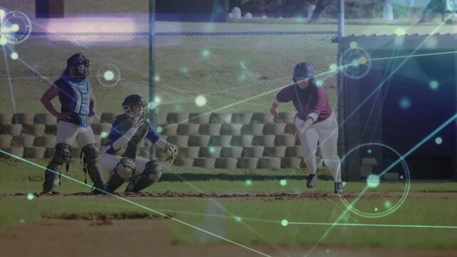 Batter hitting pitch, running to first while catcher fielding and HUD overlay tracking sports