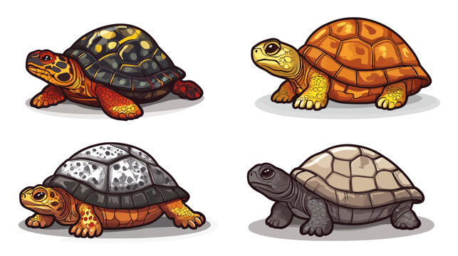 Four stylized illustrations of turtles, each with different shell patterns and colors, isolated on white