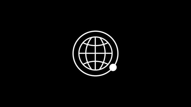 Self drawing line of world planet earth icon animated on a black background. Animated white globe icon with a small circle orbiting around. global satellite or network connection concept.
