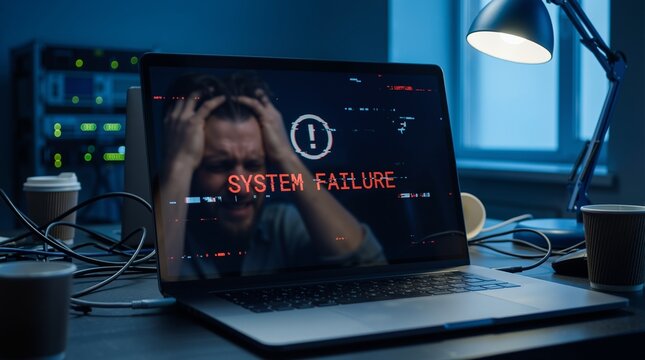 Stressed man looking at computer screen displaying system failure warning. Cyber security threat, data breach and technical problem. Office worker struggling with laptop error at night