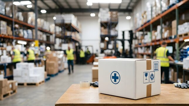 White cardboard medical supply box with blue cross icon on a wooden workbench in a large distribution warehouse with blurred workers, pallet racks, and logistics equipment background.
