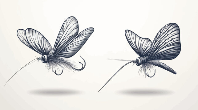 Artistic depiction of two intricately illustrated insects, designed as fishing lures