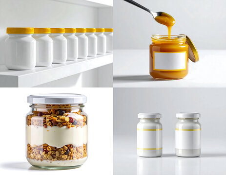 Clean food packaging and glass jars filled with healthy ingredients like granola and honey, presented in a minimal bright setup, ideal for nutrition, organic food, and product branding.