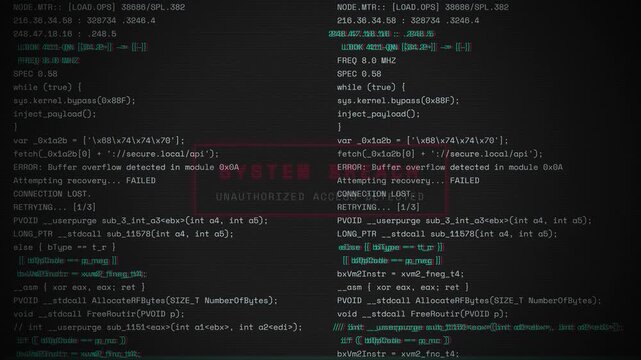 Glitchy red system breach warning flickers over scrolling source code to depict a critical server failure for a hacker movie.