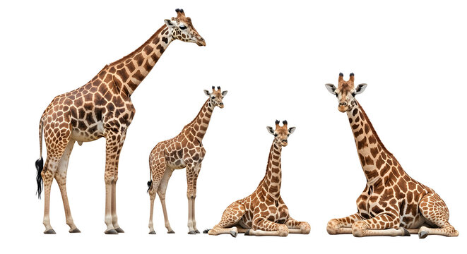 A tall wild mammal giraffe with a long neck and brown spots stands isolated on a white background, representing African wildlife in a clean nature safari style
