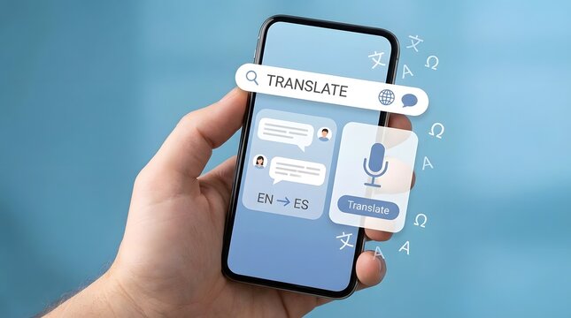 Mobile translation app on smartphone with language conversion interface representing multilingual communication global connectivity digital tools and real time text translation technology