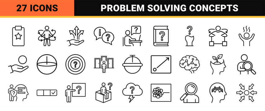 Minimalist psychology and confusion line icons set for mental health and problem solving.