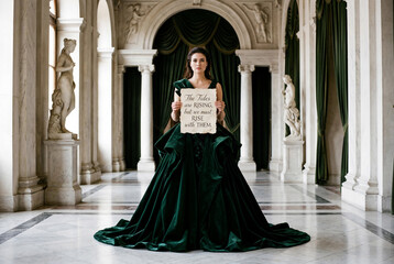 Obraz premium Beautiful woman in luxury emerald green velvet ball gown holding paper sign with text 