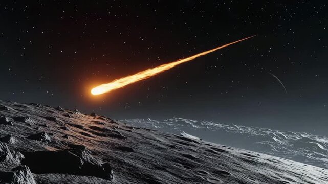 Comet streaks past a rocky surface under a starry sky in a breathtaking cosmic display at night