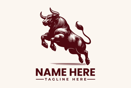 Aggressive charging bull animal is illustrated with vintage engraving lines on a plain background. Finance concept