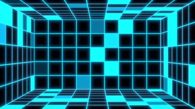 青く発光したグリッドの壁が点滅するサイバー空間、4K画質、背景透過のループ映像素材
