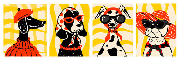 Dog fashion naive interiors bold vector isolated cute illustration of a black dog with a red beret white bulldog with sunglasses for sticker print and branding
