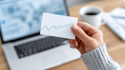 Obraz premium Top-Down View of Hand Holding Small Blank Card with Financial Graph Printed on Desk