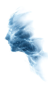Abstract human head profile made of glowing network nodes and lines futuristic AI technology concept