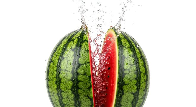 Title watermelon slice exploding in mid air a refreshing summer fruit burst description a vibrant watermelon is captured mid slice with juice and flesh