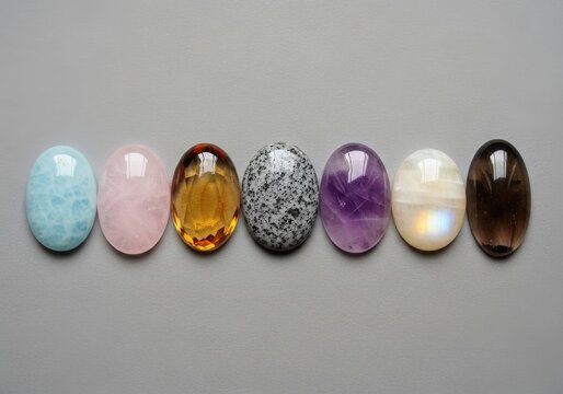 a row of seven colorful glass marbles on a gray background