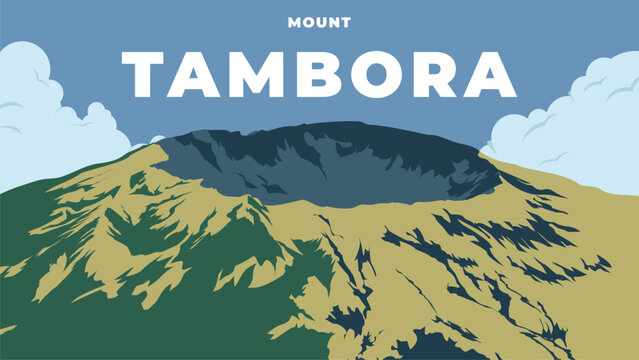 Mount Tambora Indonesia Travel Poster Illustration with Scenic Mountain Landscape