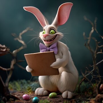 Gruselig l&auml;chelnder animierter Osterhase h&auml;lt ein Schild &ndash; 3D-Illustration f&uuml;r Halloween oder Ostern